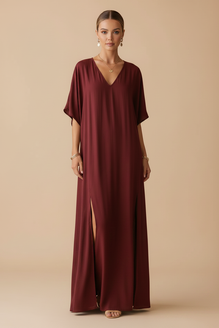 Burgundy V-neck short sleeve flowy maxi dress - Model 1