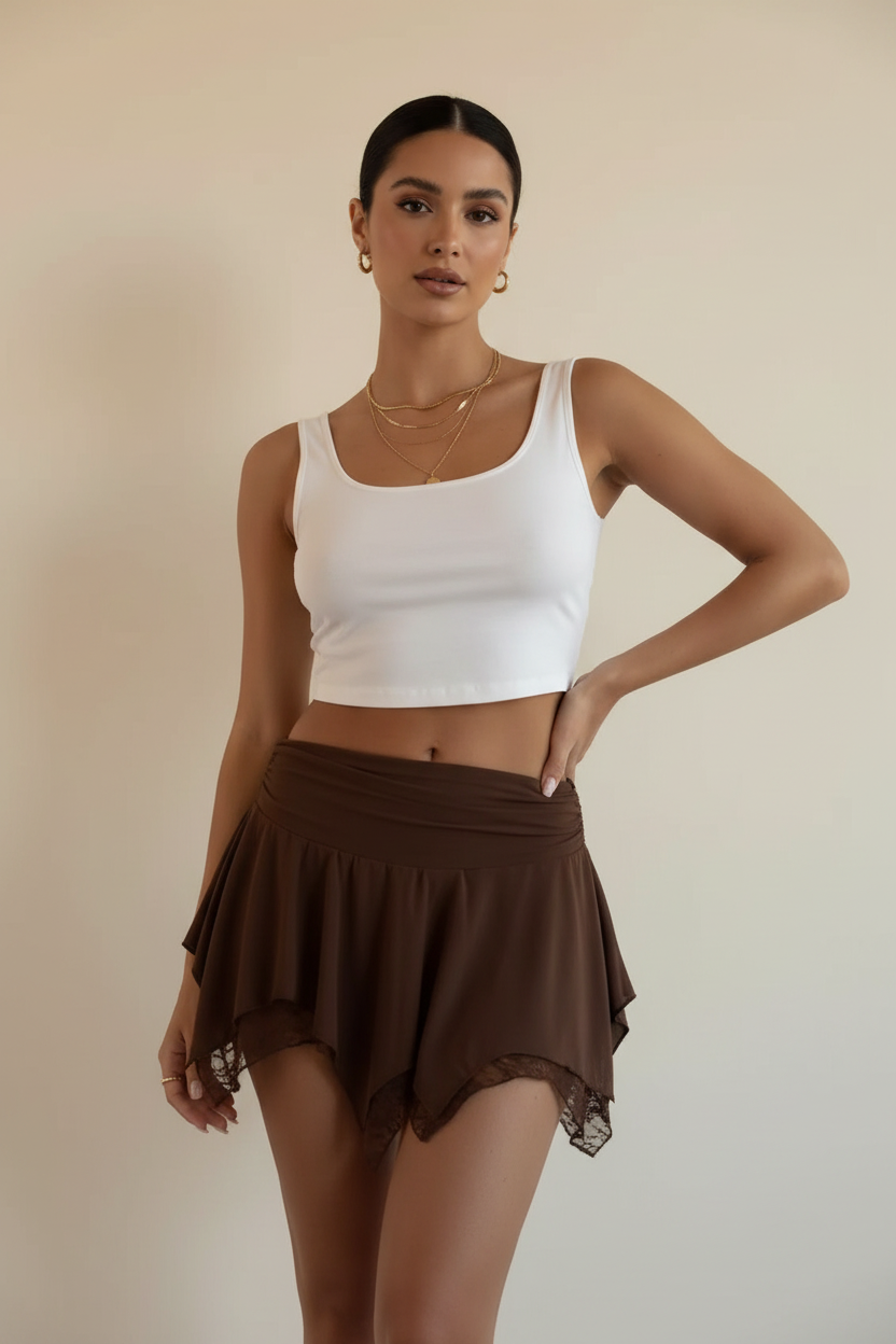 Brown asymmetric lace trim ruched mini skirt - front view - BYS Boutique