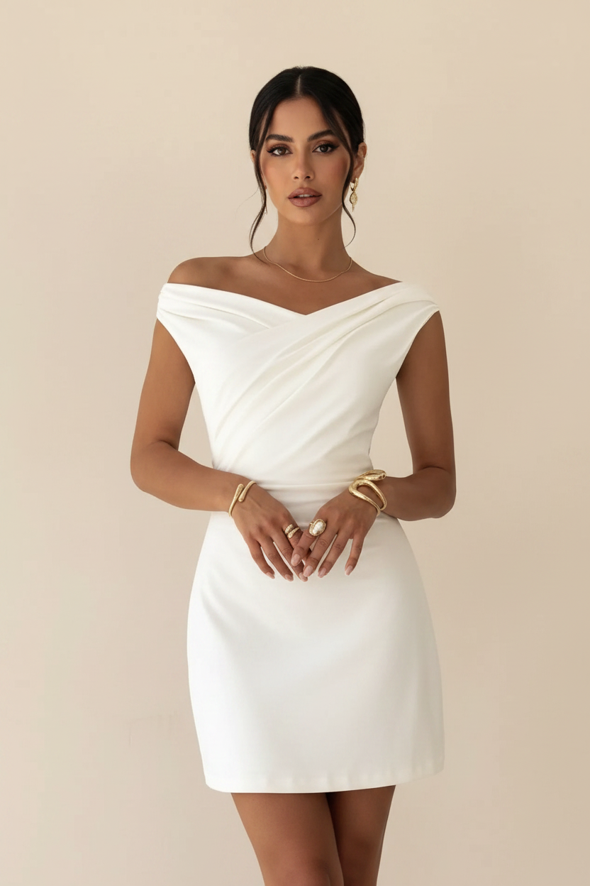 White off-shoulder draped mini dress - front view - BYS Boutique