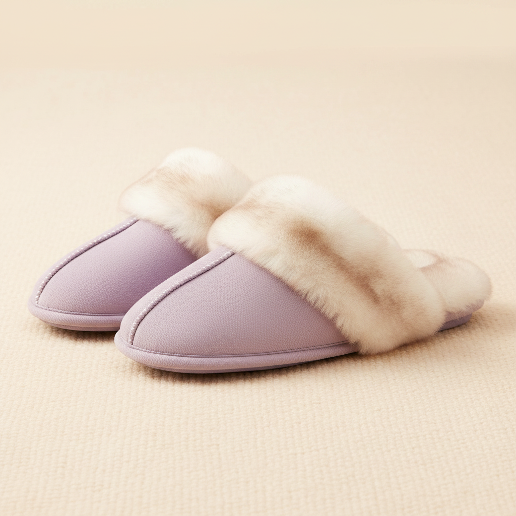 Lavender faux fur scuff slippers product side view