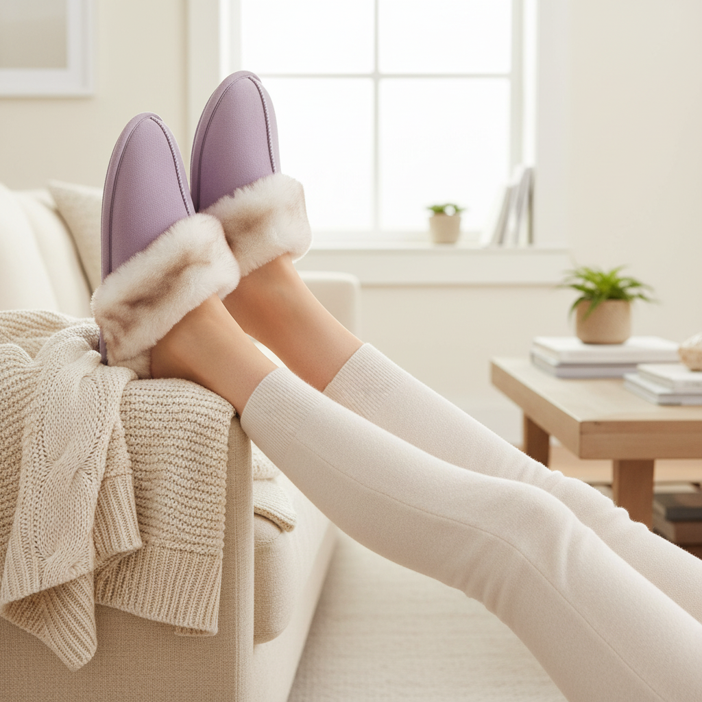 Lavender faux fur slippers worn with feet up on sofa