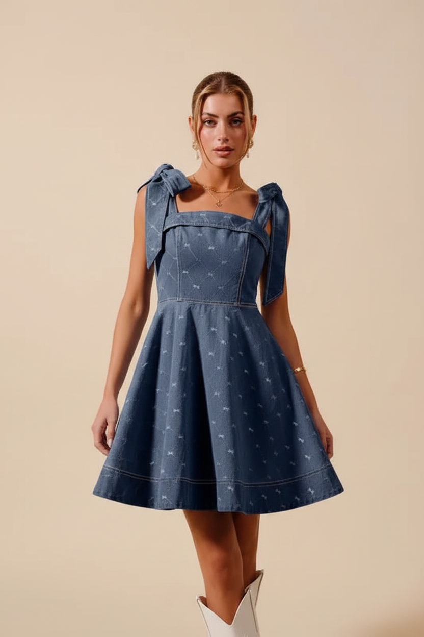Denim A-line bow strap mini dress - front view - BYS Boutique