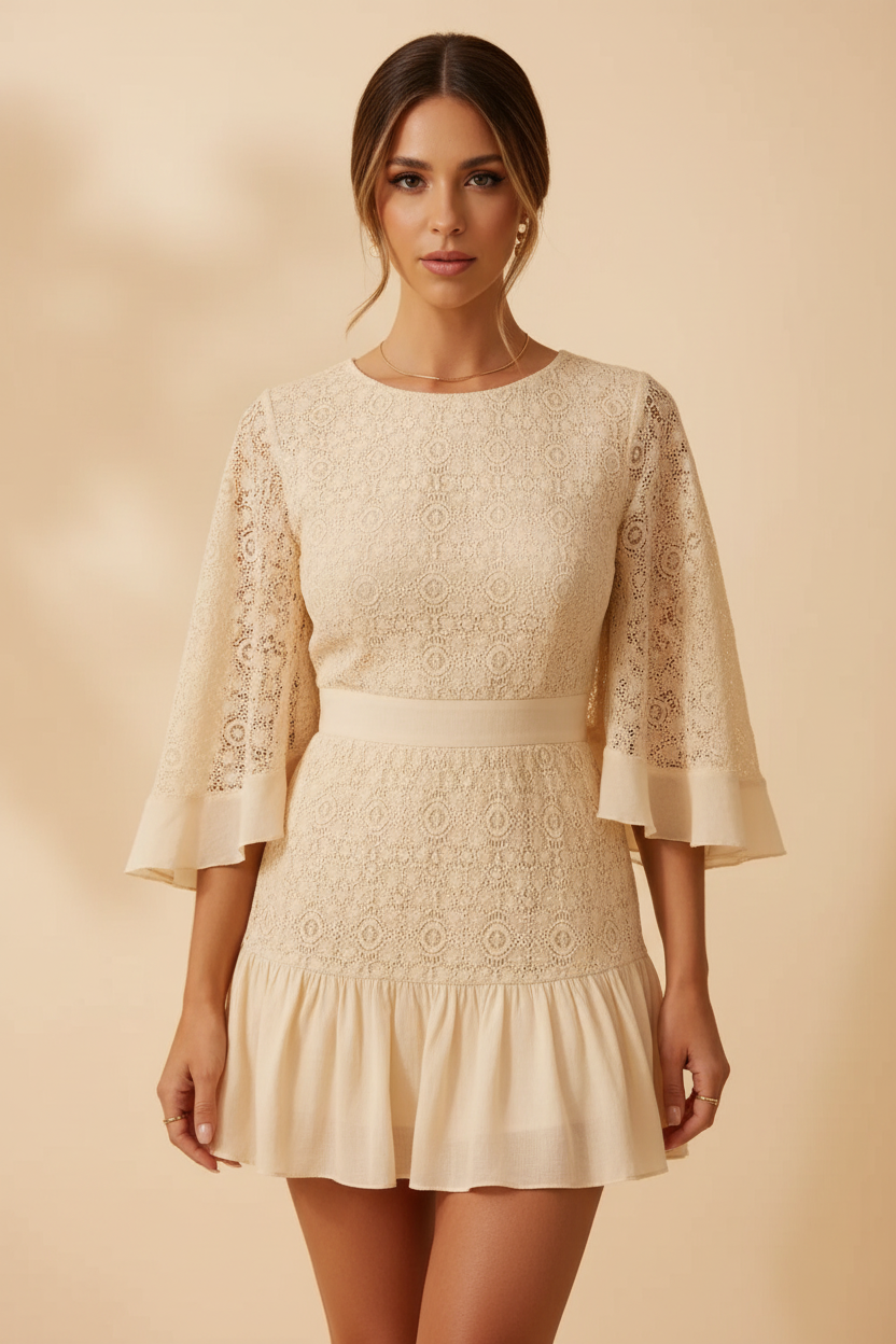 Cream lace ruffle hem tie back mini dress - BYS Boutique