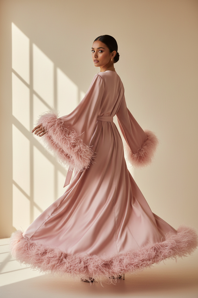 Luxury Satin Feather Bridal Robe - Movement