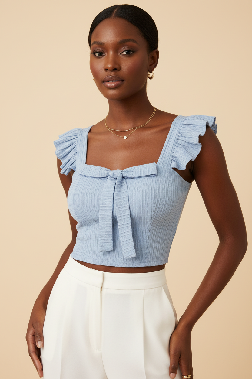Model wearing sky blue ruffled square-neck crop top