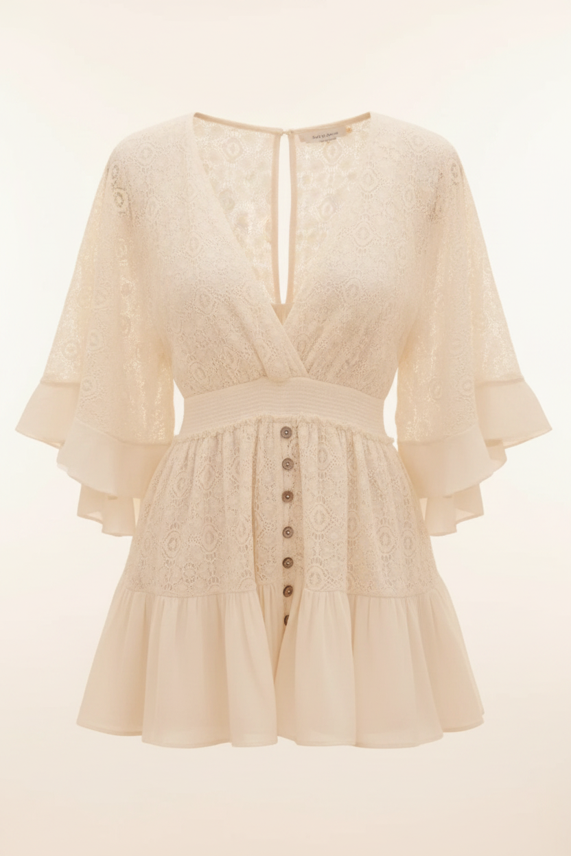 Lace ruffle hem tie back mini dress - product shot - BYS Boutique