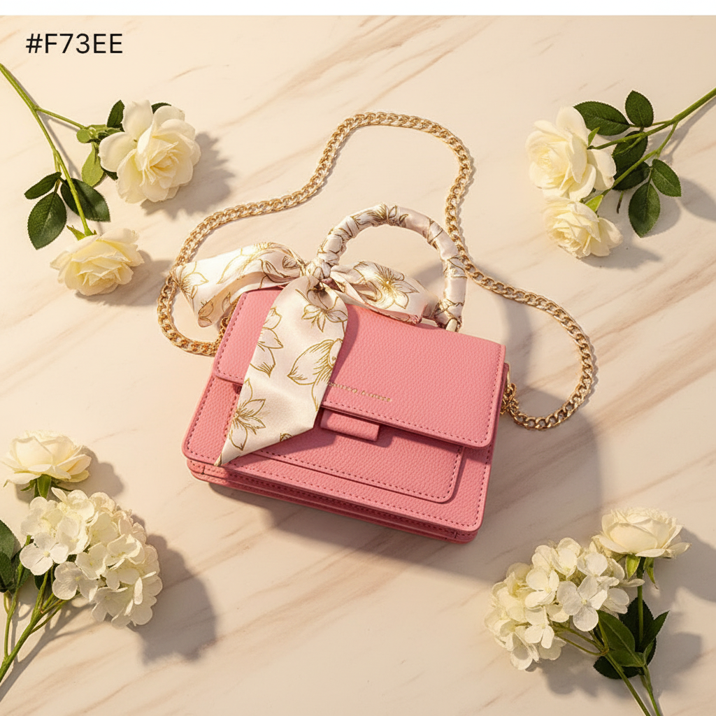 Pink textured crossbody handbag with gold chain strap flat lay