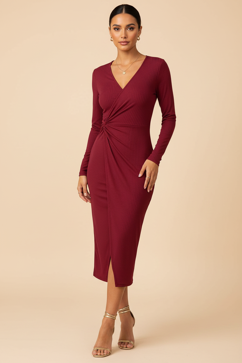 Ribbed Knit Bodycon Midi Dress - Model 1 Full Length
