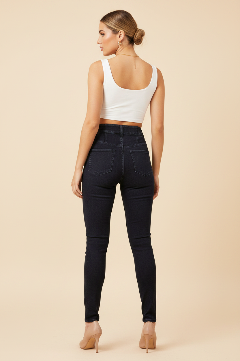 Model wearing medium blue high waist slim fit jeans