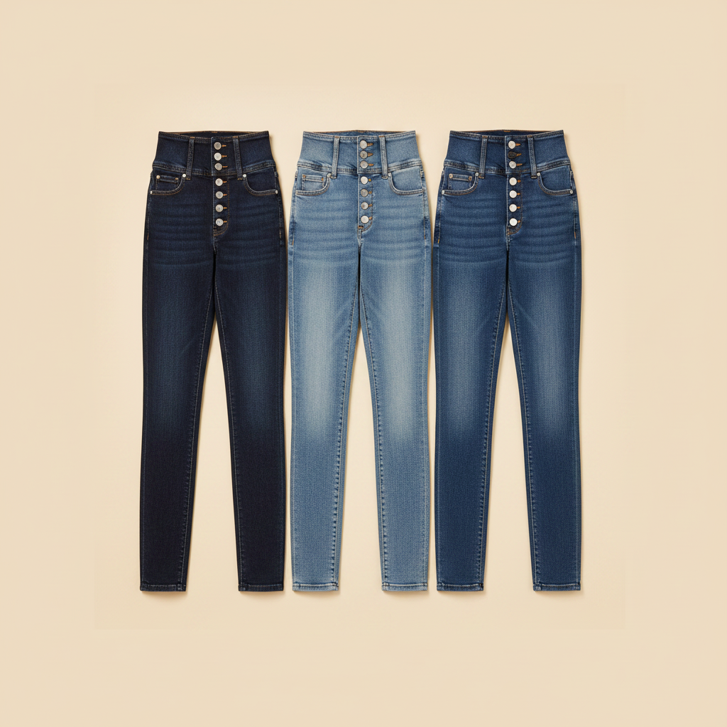 High waist slim fit jeans flat lay all three washes