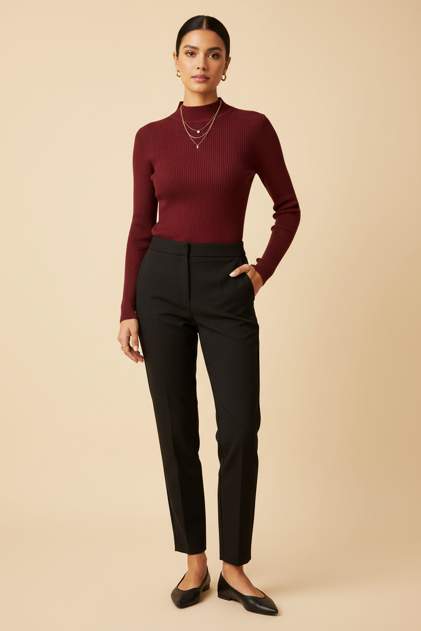 Burgundy ribbed mock neck slim-fit knit sweater - Model 1